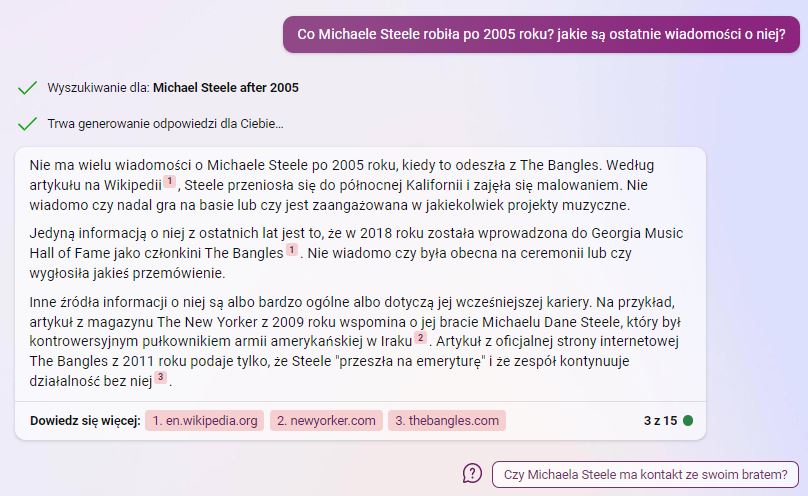 Bing AI - pytanie o Michaele Steele