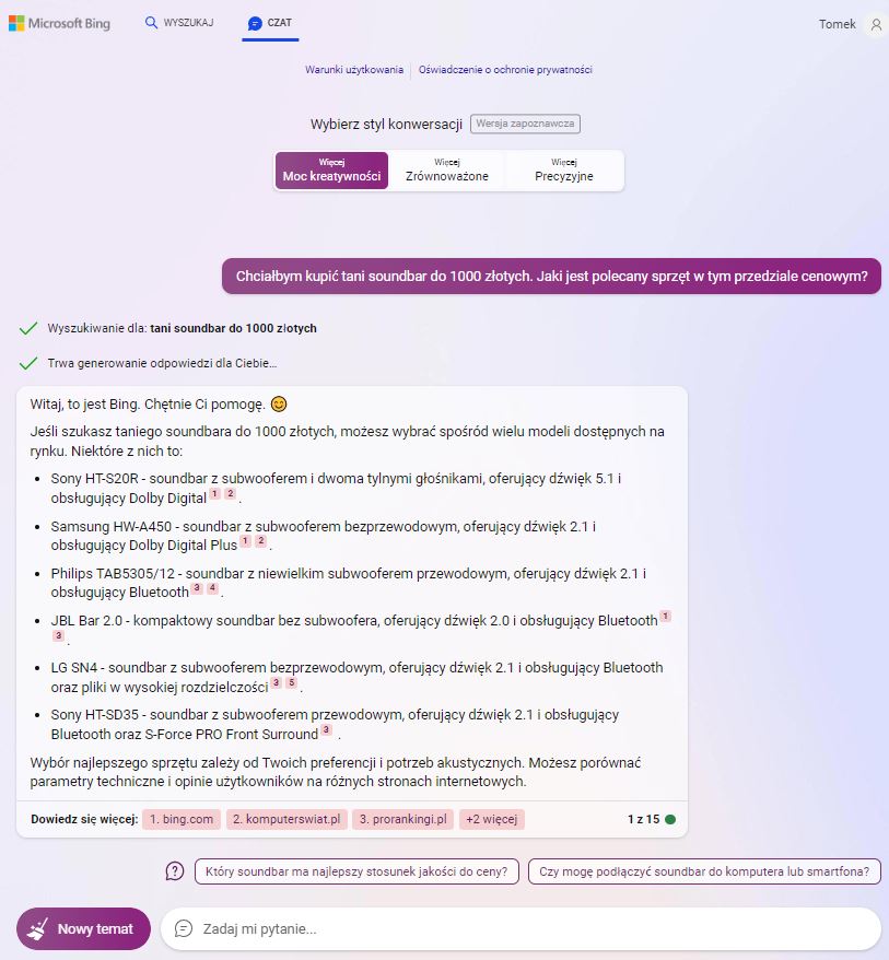 Bing AI - pytanie o tani soundbar