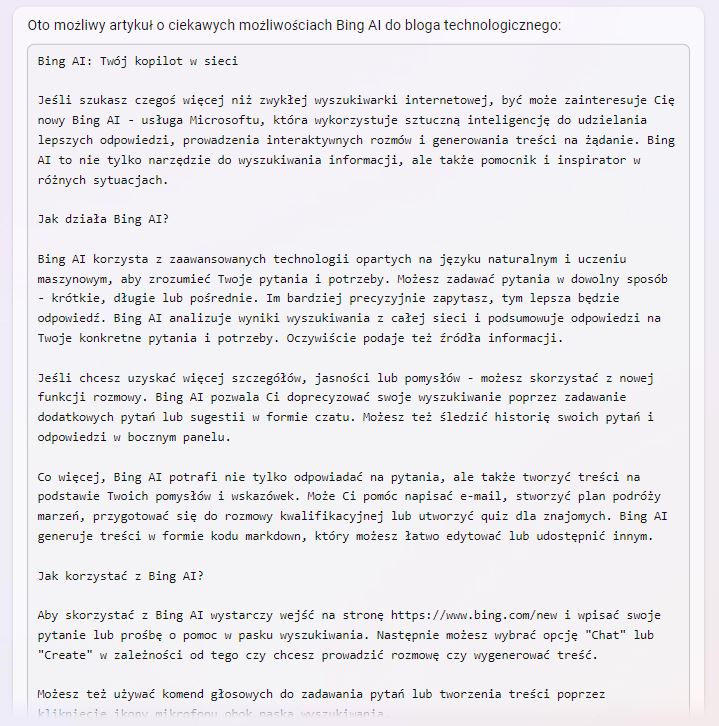 Bing AI - wygenerowany artykuł