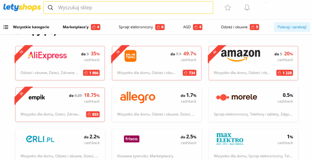 LetyShops - cashback za zakupy 2 Przykładowe sklepy i oferty w LetyShops